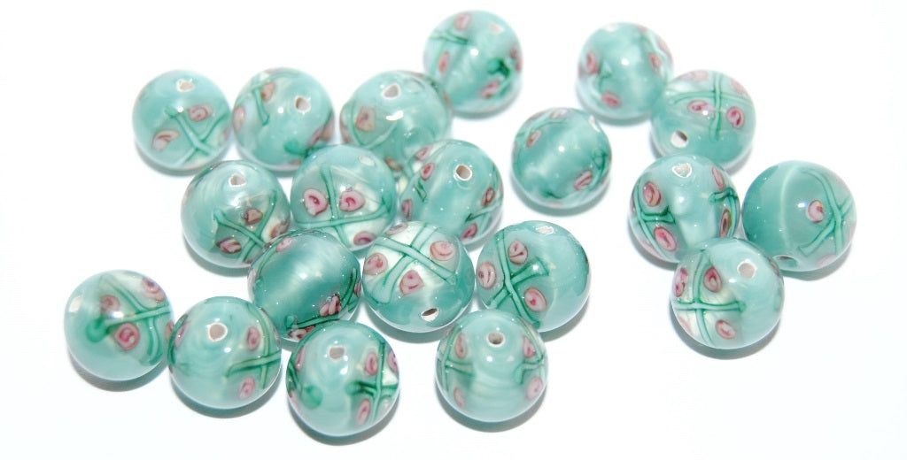 Czech Glass Hand Made Round Lampwork Beads With Flower, (10 D), Glass, Czech Republic