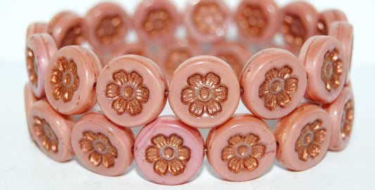 Round Flat With 6-Petal Flower Pressed Glass Beads, Opaque Pink 55307 (73030 55307), Glass, Czech Republic