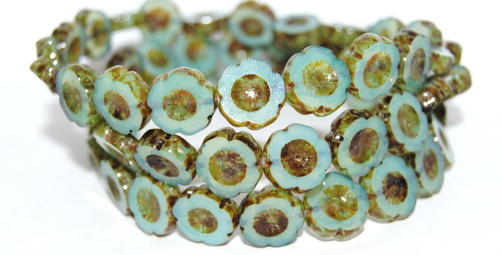 Table Cut Round Beads Hawaii Flowers, Opal Aqua Travertin (61000 86800), Glass, Czech Republic