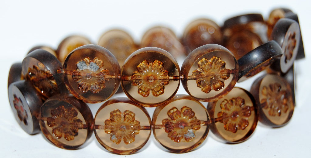 Table Cut Round Beads With Flower, Transparent Brown Travertin (10200 86800), Glass, Czech Republic
