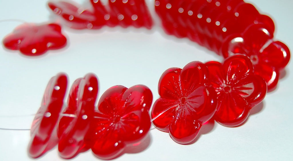 5 Petal Flower Pressed Glass Beads, Ruby Red Ab (90080 Ab), Glass, Czech Republic