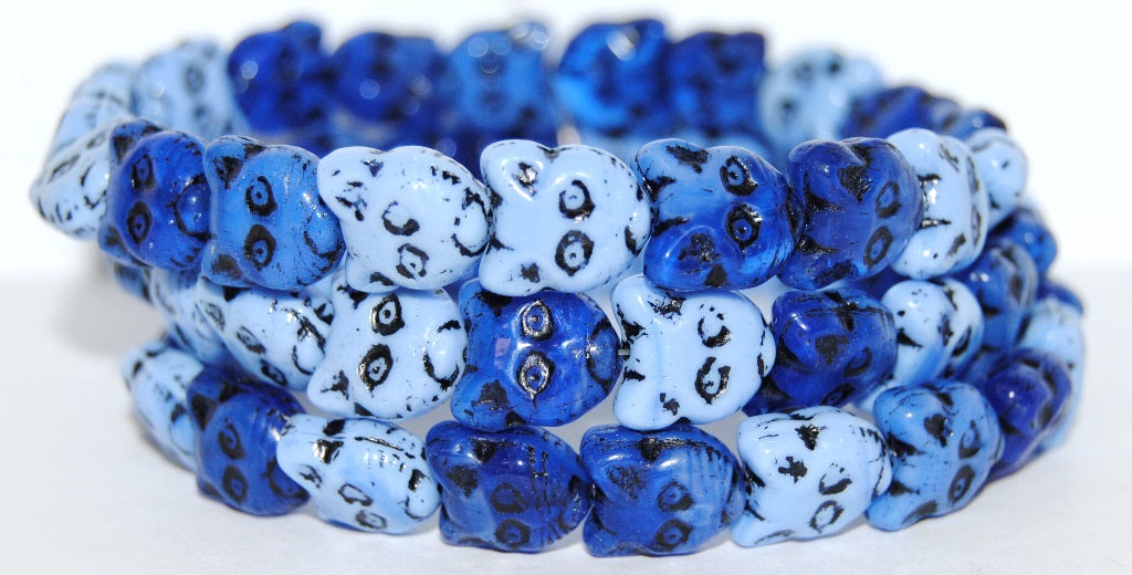 Cat Head Muzzle Pressed Glass Beads, Mixed Colors Blue 46769 (Mix Blue 46769), Glass, Czech Republic