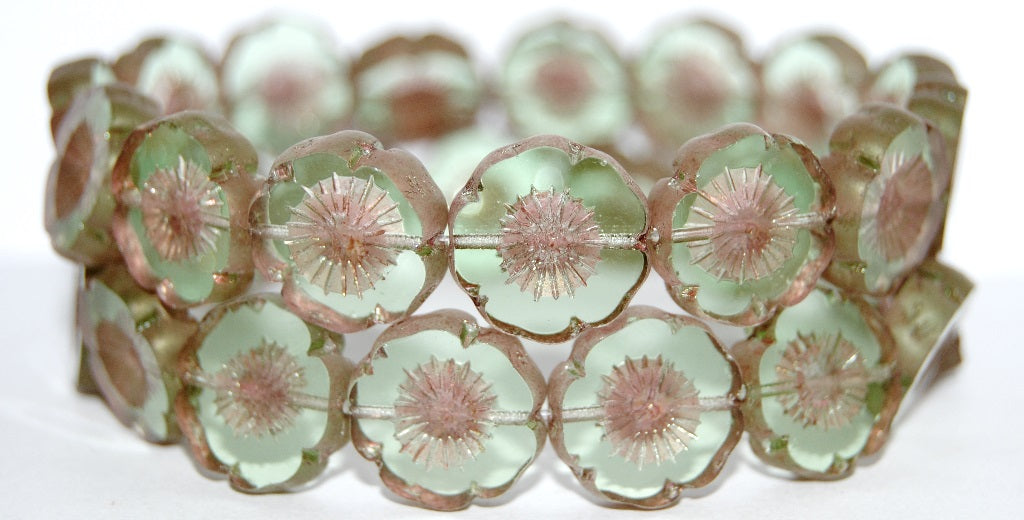 Table Cut Round Beads Hawaii Flowers, Transparent Green Luster Red Full Coated (50800 14495), Glass, Czech Republic