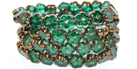 Table Cut Flower Beads, Transparent Green Emerald Bronze (50720 14415), Glass, Czech Republic