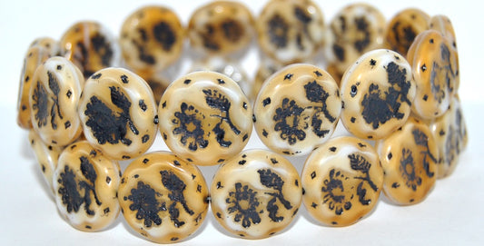 Round Flat With Flower Marguerite Pressed Glass Beads, (07193B 46769), Glass, Czech Republic