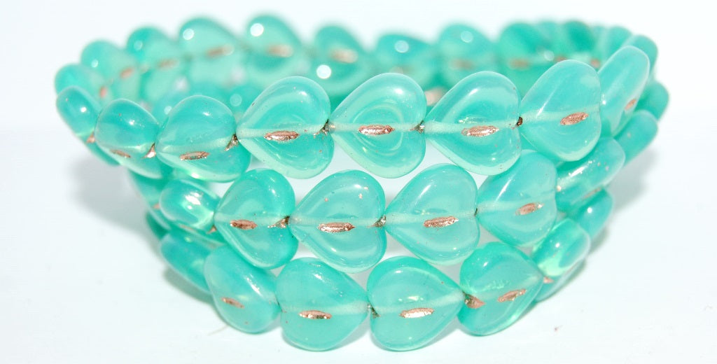 Heart Pressed Glass Beads, Opal Aqua 54200 (61010 54200), Glass, Czech Republic
