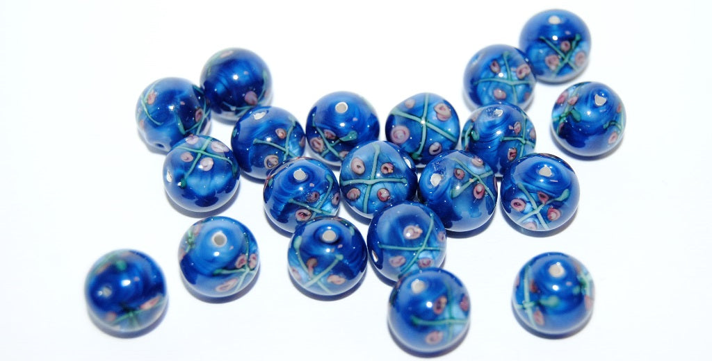 Czech Glass Hand Made Round Lampwork Beads With Flower, (10 I), Glass, Czech Republic