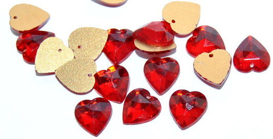 Cabochons Hearts Faceted Flat Back Sew-On With Hole, (Siam Ruby Similization), Glass, Czech Republic