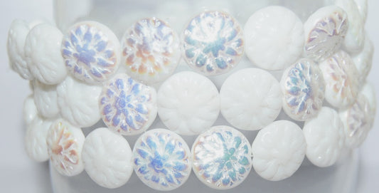 Round Flower Edelweiss Pressed Glass Beads, White Ab (2010 Ab), Glass, Czech Republic