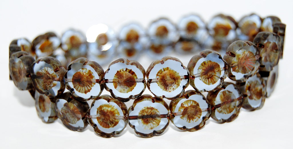 Table Cut Round Beads Hawaii Flowers, Transparent Blue Travertin (30030 86800), Glass, Czech Republic