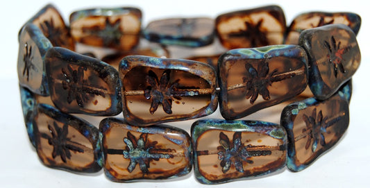 Table Cut Rectangle Beads With Dragonfly, Transparent Brown Travertin (10220 86800), Glass, Czech Republic