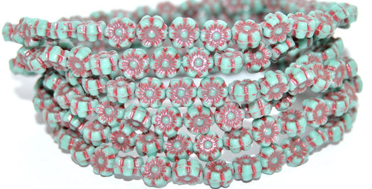 Hawaii Flower Pressed Glass Beads, Turquoise 43808 Metalic (63130 43808 Metalic), Glass, Czech Republic