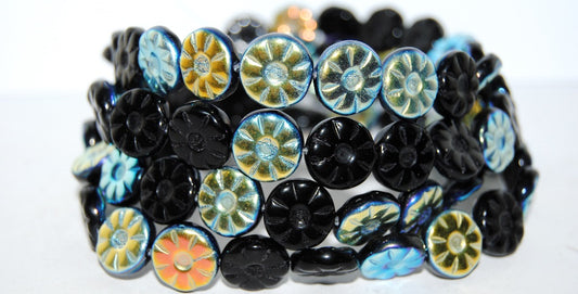 Flower Pressed Glass Beads, Black Ab (23980 Ab), Glass, Czech Republic