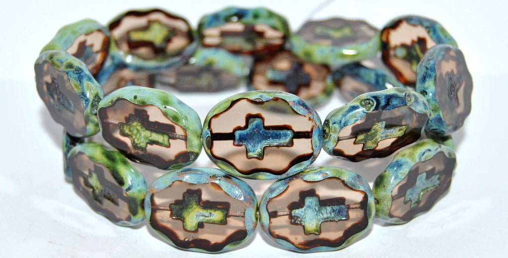 Table Cut Oval Beads With Cross, Transparent Brown Travertin (10200 86800), Glass, Czech Republic