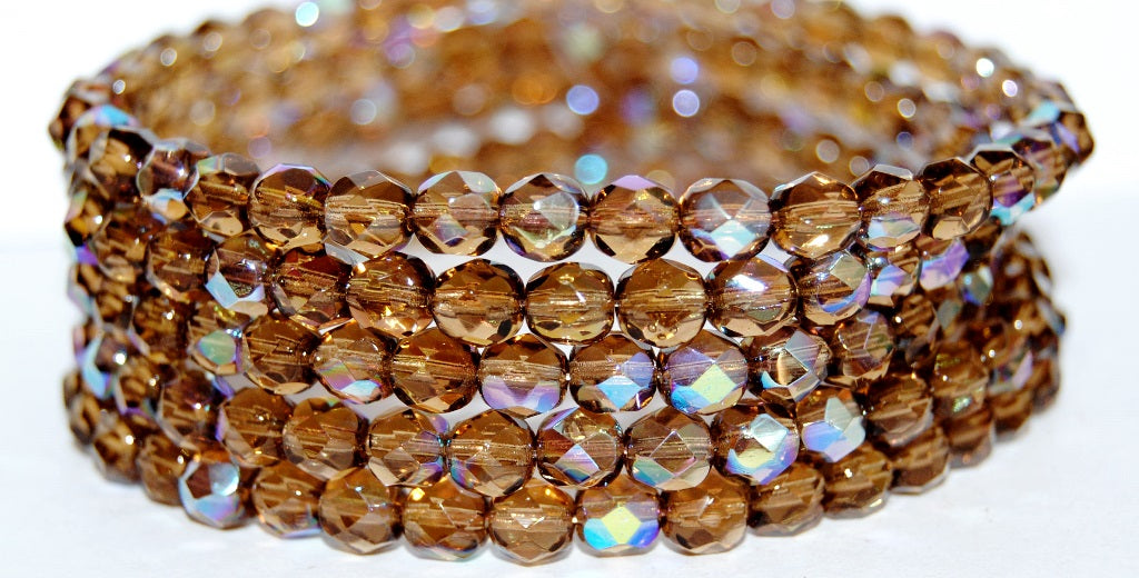 Fire Polished Round Faceted Beads, Transparent Brown Ab (10210 Ab), Glass, Czech Republic