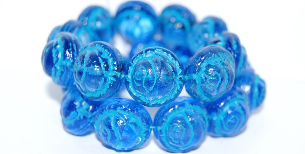 Round With Rose Flower Pressed Glass Beads, Transparent Blue 46460 (30020 46460), Glass, Czech Republic