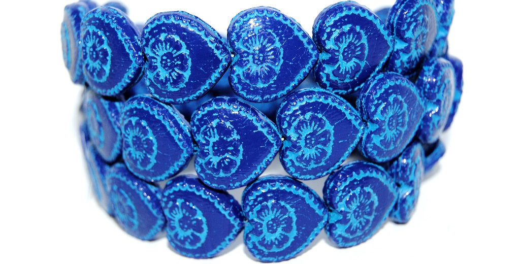 Heart With Flower Pressed Glass Beads, Opaque Blue 46460 (33070 46460), Glass, Czech Republic