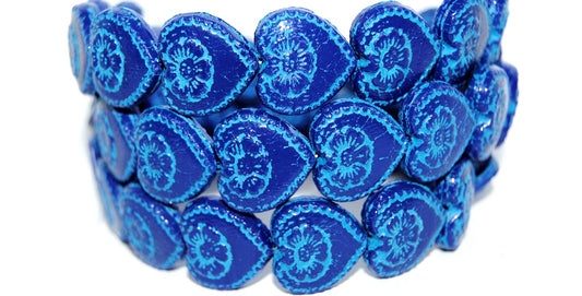 Heart With Flower Pressed Glass Beads, Opaque Blue 46460 (33070 46460), Glass, Czech Republic