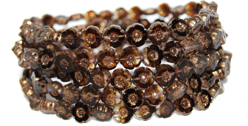 Table Cut Round Beads Hawaii Flowers, 1009002 Bronze Matte (1009002 14415M), Glass, Czech Republic