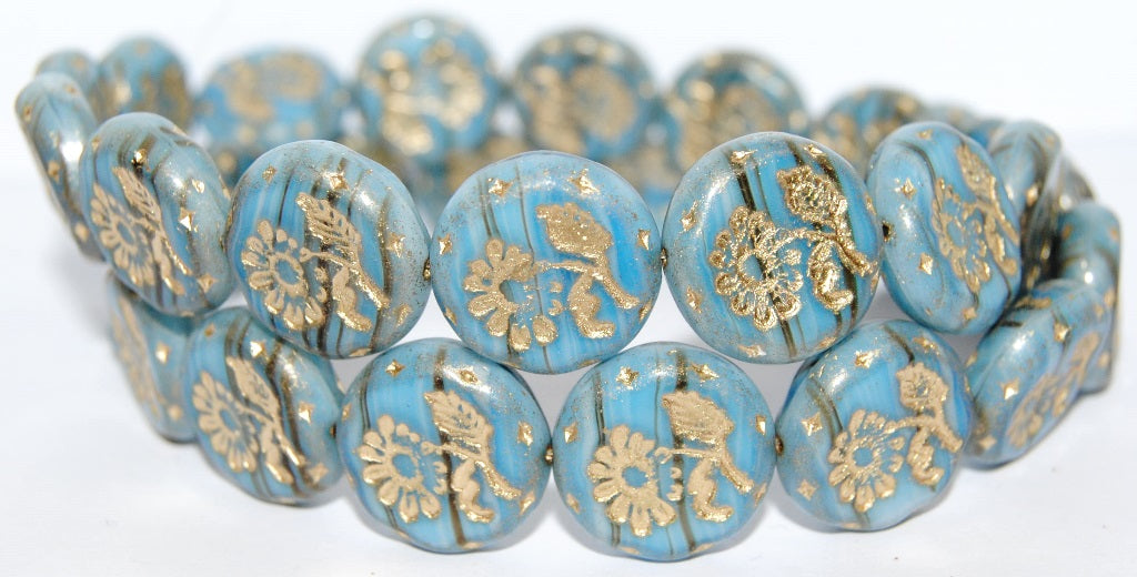 Round Flat With Flower Marguerite Pressed Glass Beads, (65000 54202), Glass, Czech Republic