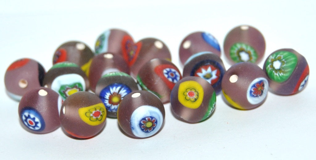 Czech Glass Hand Made Round Lampwork Beads With Flower, (G), Glass, Czech Republic