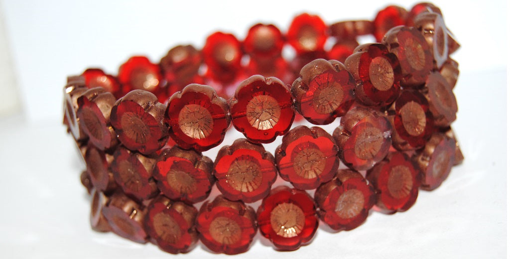 Table Cut Round Beads Hawaii Flowers, Light Siam Bronze Matte (90070 14415M), Glass, Czech Republic
