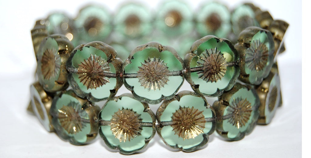 Table Cut Round Beads Hawaii Flowers, Transparent Green Goldm (50520 Goldm), Glass, Czech Republic