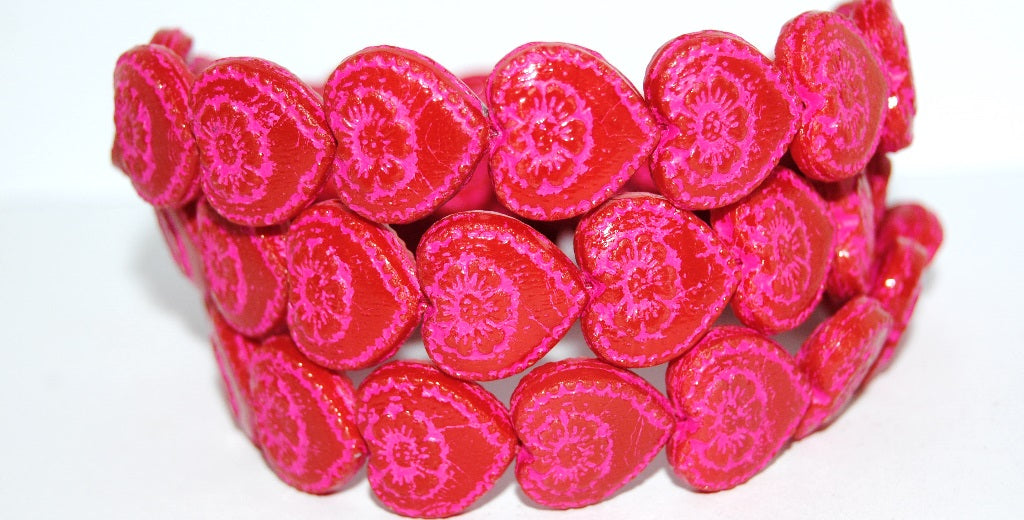 Heart With Flower Pressed Glass Beads, Red 46470 (93400 46470), Glass, Czech Republic