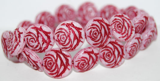 Round Flat Rose Flower Pressed Glass Beads, White 46490 (2010 46490), Glass, Czech Republic