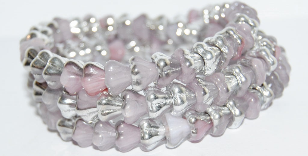 Bell Flower Pressed Glass Beads, Mixed Colors Pink Opal Crystal Silver Half Coating (Mix Pink Opal 27001), Glass, Czech Republic