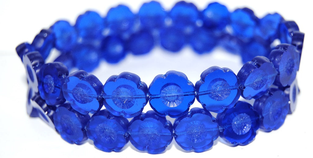 Table Cut Round Beads Hawaii Flowers, Transparent Blue Luster Cream (30080 14401), Glass, Czech Republic