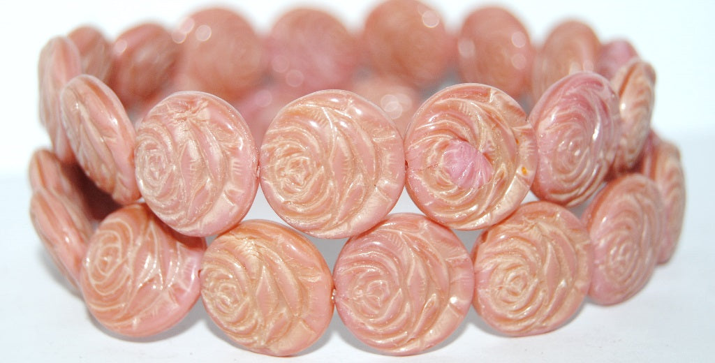 Round Flat Rose Flower Pressed Glass Beads, Opaque Pink (74020), Glass, Czech Republic
