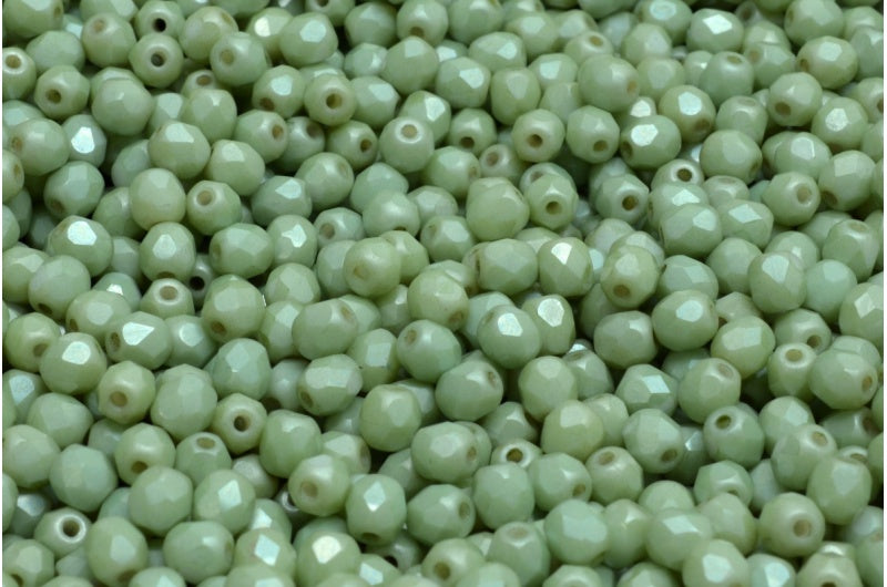 Fire Polish Faceted Round Beads 3mm, Chalk White Matte Luster Green Full Coated (03000-84100-14457), Glass, Czech Republic