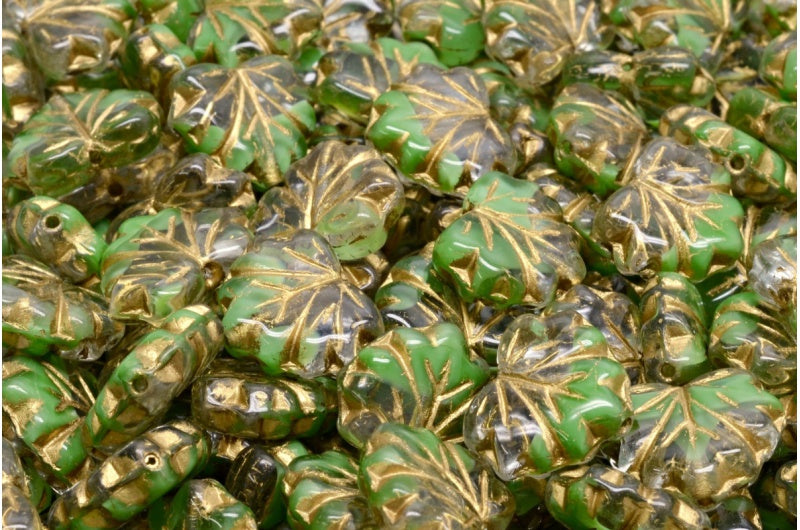 メープルリーフビーズ、グリーンゴールドライン（R0542-54302）、ガラス、チェコ共和国