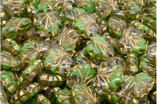 メープルリーフビーズ、グリーンゴールドライン（R0542-54302）、ガラス、チェコ共和国