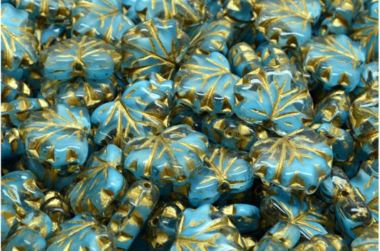 メープルリーフビーズ、ブルーゴールドライン（R0641-54302）、ガラス、チェコ共和国