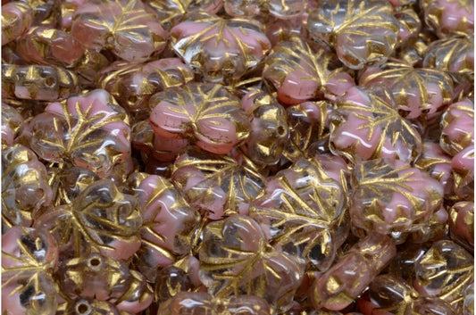 メープルリーフビーズ、ピンクゴールドライン（R0742-54302）、ガラス、チェコ共和国