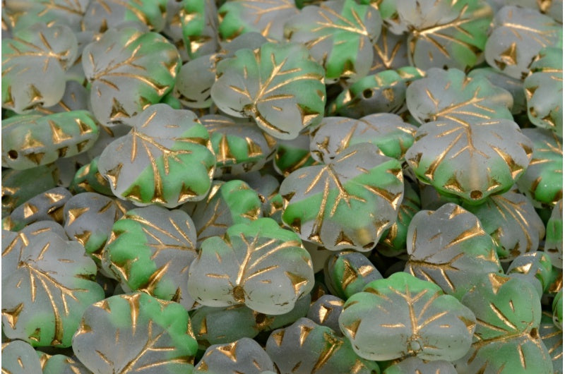 メープルリーフビーズ、グリーンゴールドラインマット（R0542-54302-84100）、ガラス、チェコ共和国