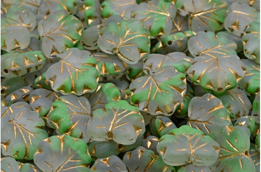 メープルリーフビーズ、グリーンゴールドラインマット（R0542-54302-84100）、ガラス、チェコ共和国