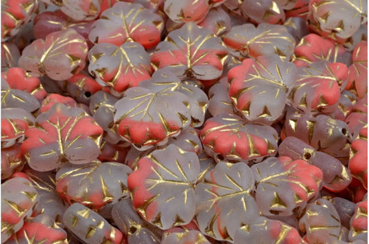 メープルリーフビーズ、レッドゴールドラインマット（R0942-54302-84100）、ガラス、チェコ共和国