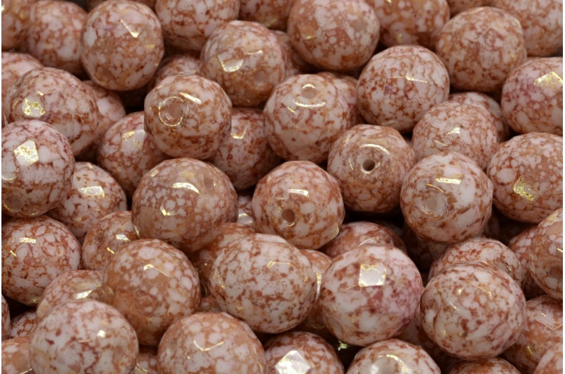 ファセット加工ラウンドビーズ、チョークホワイトテラコッタレッド（03000-15495）、ボヘミアクリスタルガラス、チェコ共和国