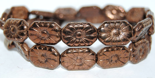 Rounded Rectangle With Flower Pressed Glass Beads, Black Bronze (23980 14415), Glass, Czech Republic