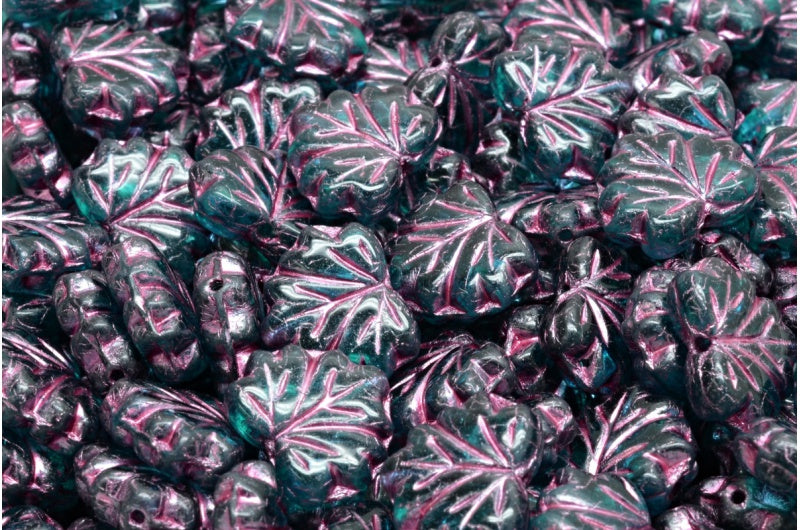 メープルリーフビーズ、透明アクアピンクライン入り（60220-54321）、ガラス、チェコ共和国