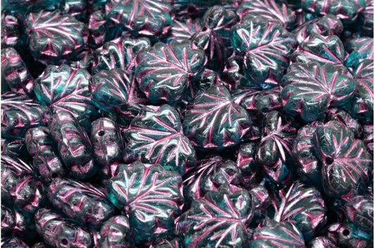 メープルリーフビーズ、透明アクアピンクライン入り（60220-54321）、ガラス、チェコ共和国