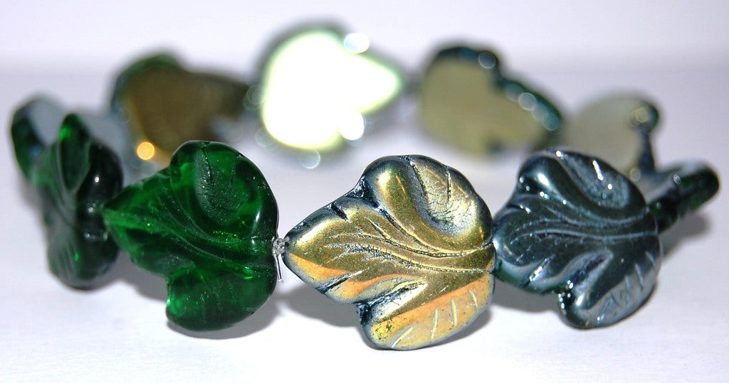 Grape Leaf Pressed Glass Beads, Transparent Green Vit (50130 Vit), Glass, Czech Republic