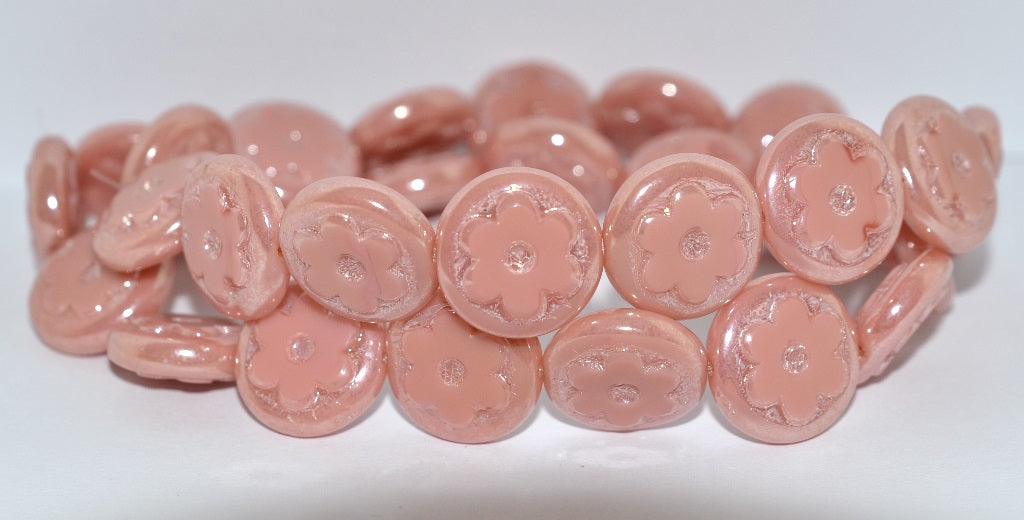 Table Cut Round Beads With Flower, Opaque Pink Hematite (73030 14400), Glass, Czech Republic