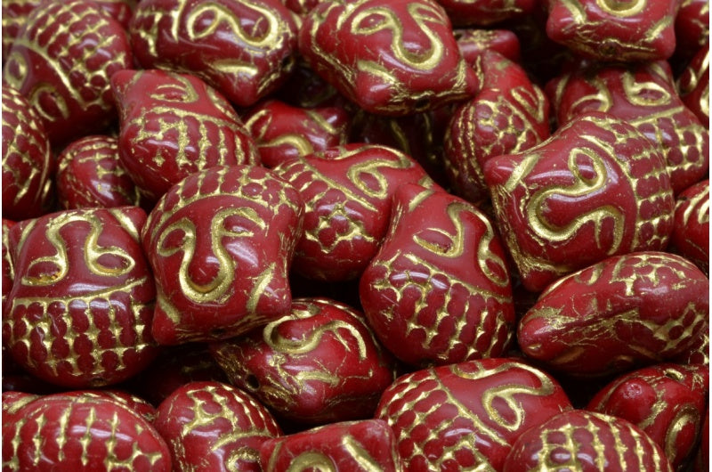 Buddha Head Beads, Opaque Red Gold Lined (93210-54302), Glass, Czech Republic