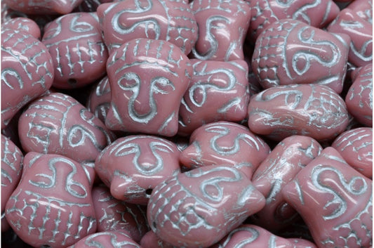 Buddha Head Beads, Opaque Pink Silver Lined (73020-54301), Glass, Czech Republic