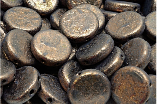 2 孔扁平圆形硬币珠，黑色蚀刻青铜 (23980-ETCH-14415)，玻璃，捷克共和国