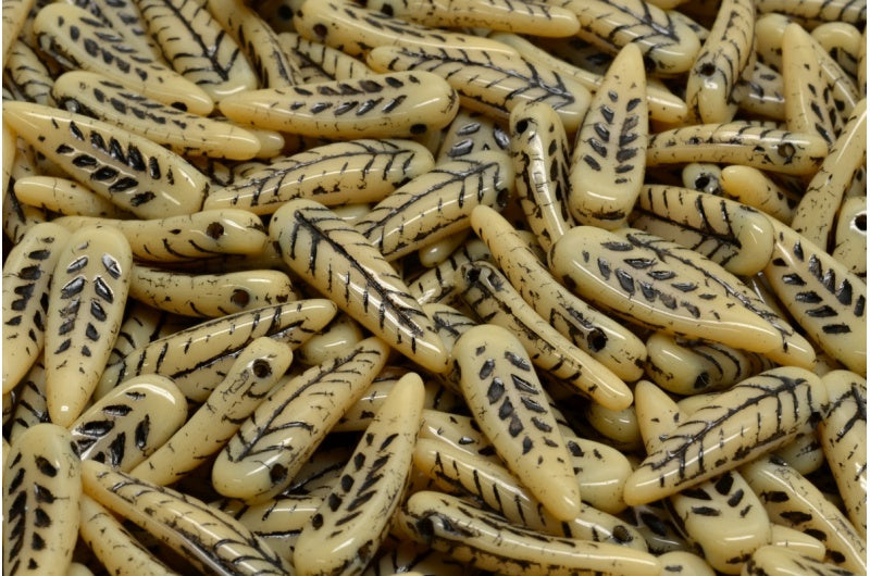 Bird Feather Beads, Beige Black Lined (13020-46441), Glass, Czech Republic